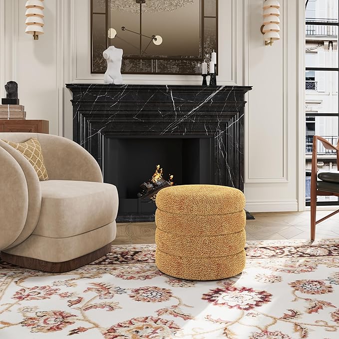 Storage Ottoman, Round Ottoman with Storage, Vanity Stool Foot Rest with Removable Lid, Round Boucle Upholstered for Living Room Pouf Footstool