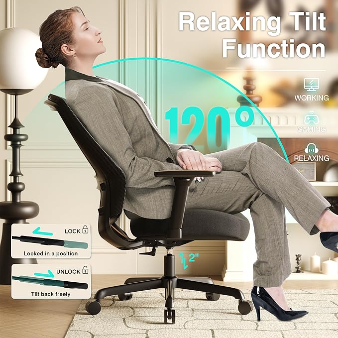 T96C Ergonomic Home Office Chair, Mesh Computer Desk Chair with 4D Armrests, Adjustable Lumbar Support,Tilt Function, Executive Rolling Swivel Task Chair for Long Hours (Black - Upholstered Seat)
