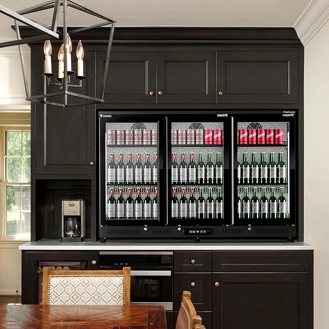 54 inch 318-can Triple Hinged Door Back Bar Cooler, 10.42 cu. ft. Under Counter Glass Door Bar Fridge with hinged doors, lockable, 32-50°F Beverage Refrigerator, ETL Certified, Black