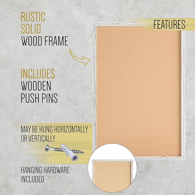 HBCY Creations Wall Mount Whitewashed Cork Board - 24" W x 36" H - 6 Wooden Push Pins - Solid Pine Wood Frame - for Kitchen, Classrooms, Restaurant Menus and More!