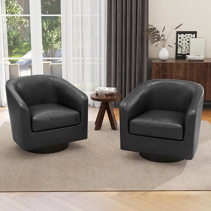 UIXE Faux Leather Swivel Accent Chairs Set of 2, Modern Upholstered Barrel Chairs for Living Room, Comfy Round Armchair Single Sofa Bedroom Reading Seat - 31" W, Black