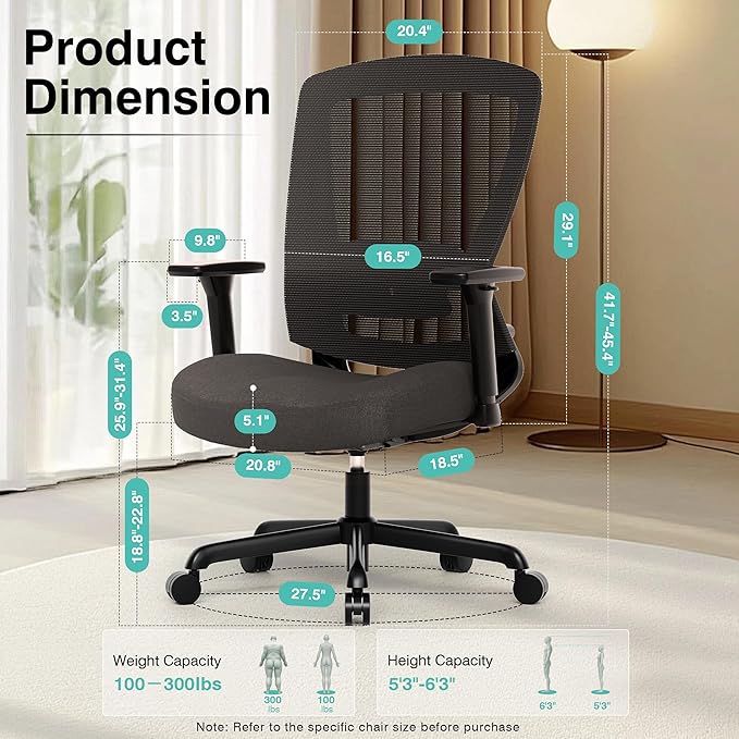 T96C Ergonomic Home Office Chair, Mesh Computer Desk Chair with 4D Armrests, Adjustable Lumbar Support,Tilt Function, Executive Rolling Swivel Task Chair for Long Hours (Black - Upholstered Seat)