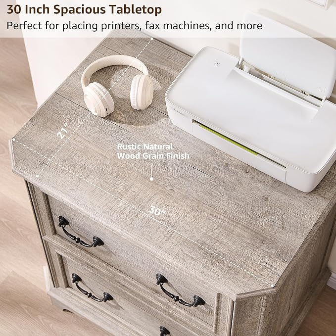 T4TREAM 2 Drawer File Cabinet-30 Wide Wooden Extended Desktop, Farmhouse Filing Cabinet with Smooth Rails, Holds Letter/Legal/A4, Hexagonal Design & Framed Drawer Fronts, Light Rustic Oak