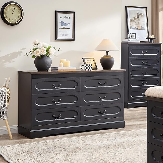 LIDYUK 6 Drawer Dresser for Bedroom Farmhouse Black Tall Wood Chest of Drawers for Bedroom Dresser, Modern Rustic 55" Wide Drawers Dressers Wooden Closet and Storage Cabinet, Hallway, Living Room