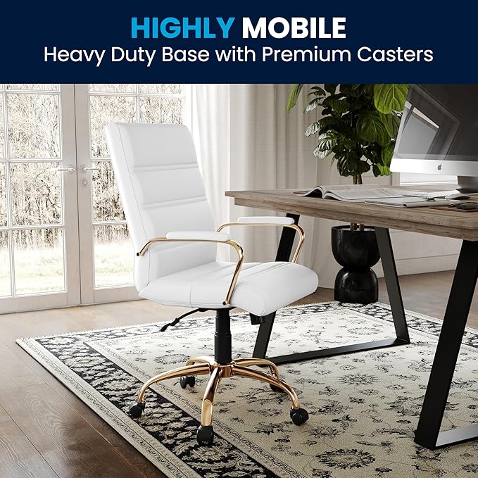 Flash Furniture Whitney Mid-Back Swivel LeatherSoft Desk Chair with Padded Seat and Armrests, Adjustable Height Padded Office Chair, White/Gold