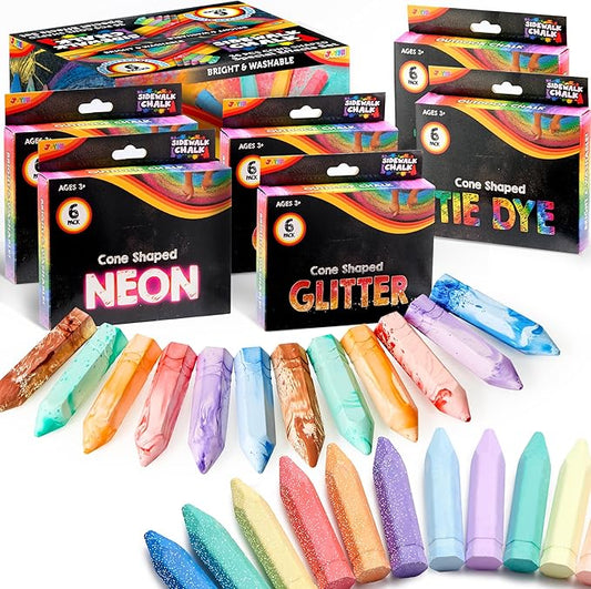 JOYIN 36 PCS Washable Sidewalk Chalks Set in 6 Packs, 18 Colors, Including 12 Tie Dye, 12 Glitter & 12 Neon Color Outdoor Chalks for Painting, Drawing, Gifts for Kids