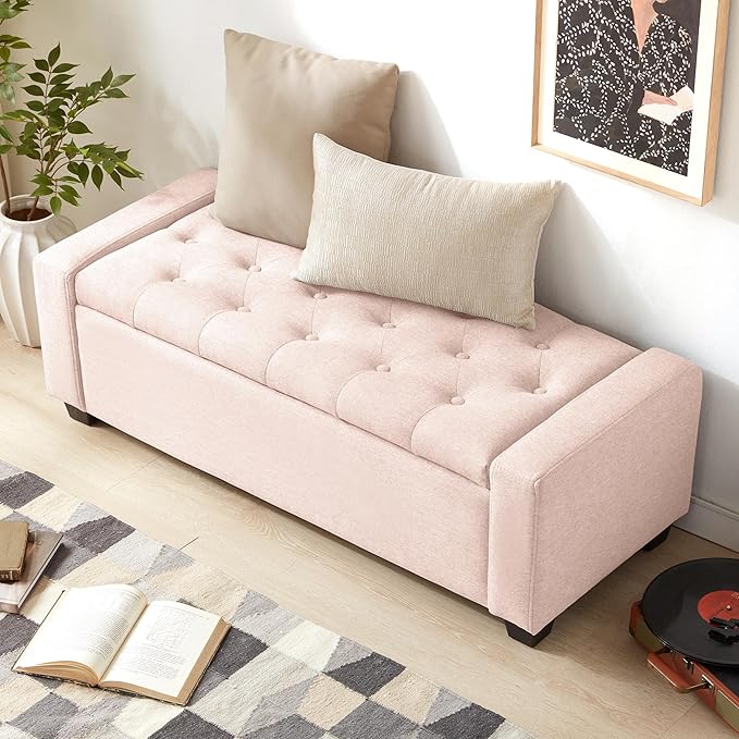 48" Ottoman with Storage, Pink Storage Ottoman Bench with Safety Hinge, Upholstered Entryway Bench with Seating for Bedroom, Living Room, Holds up to 330 lb