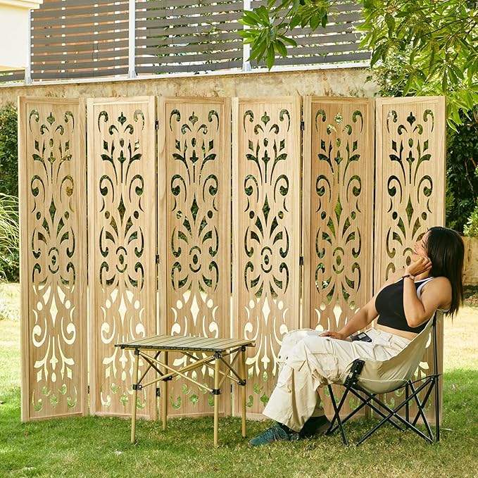 5.6Ft Room Divider Folding Wood Classical Carved Partition Screen for Home Office Garden - 6 Panels (Natural)