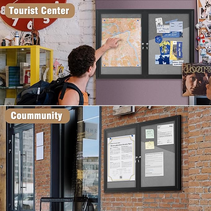 48"x34" Enclosed Bulletin Board, Outdoor Lockable Weather-Resistant Aluminum Cork Noticeboard for School & Office, Silver Frame w/Grey Flet