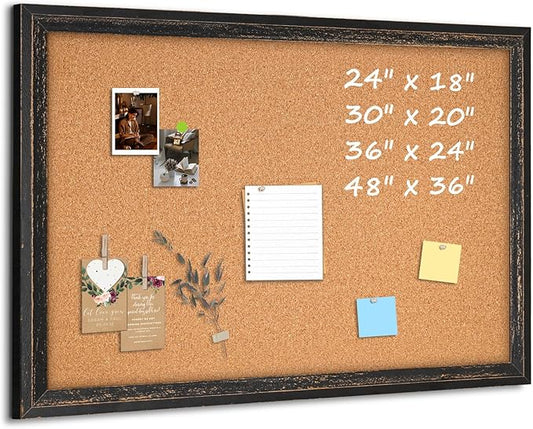 Cork Board Bulletin Board - 24" x 18" - Rustic Black Frame Corkboard for Wall - Decorative Pin Board, Message Board, Vision Board, Picture Board, Photo Board