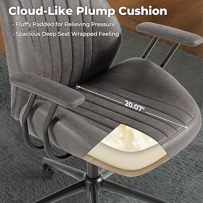 ovios Ergonomic Home Office Chair, Mid-Century Modern Faux Leather Chairs with Padded Armrests, Comfy High Back Swivel Rolling Executive Computer Armchair (Dark Grey, Suede Leather)