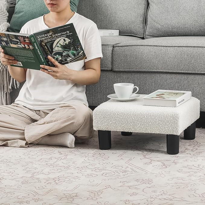 Joveco Small Foot Stool Ottoman, Cotton Line Square Footstool Upholstered Footrest Foot Rest for Chair, Under Desk, Office, Living Room, Pinstripe White