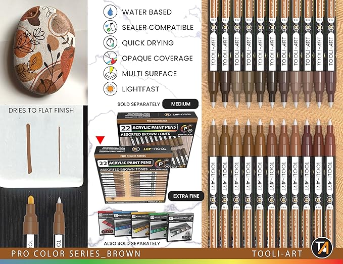 Acrylic Paint Pens 22 Brown Tones Assorted Pro Color Series Markers Set 0.7mm Extra Fine Tip for Rock Painting, Glass, Mugs, Wood, Metal, Canvas, Projects, Non Toxic, Waterbased, Quick Drying