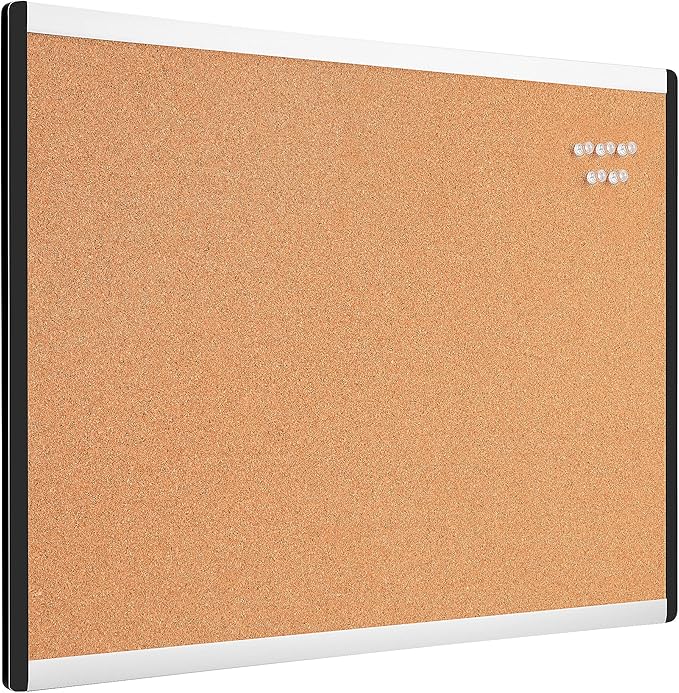 Amazon Basics Cork BulletinBoard, 23" x 17", Pin Board for Office & Home with Aluminum/Plastic Frame, 1 Pack