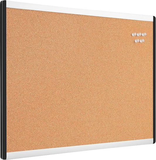 Amazon Basics Cork BulletinBoard, 23" x 17", Pin Board for Office & Home with Aluminum/Plastic Frame, 1 Pack