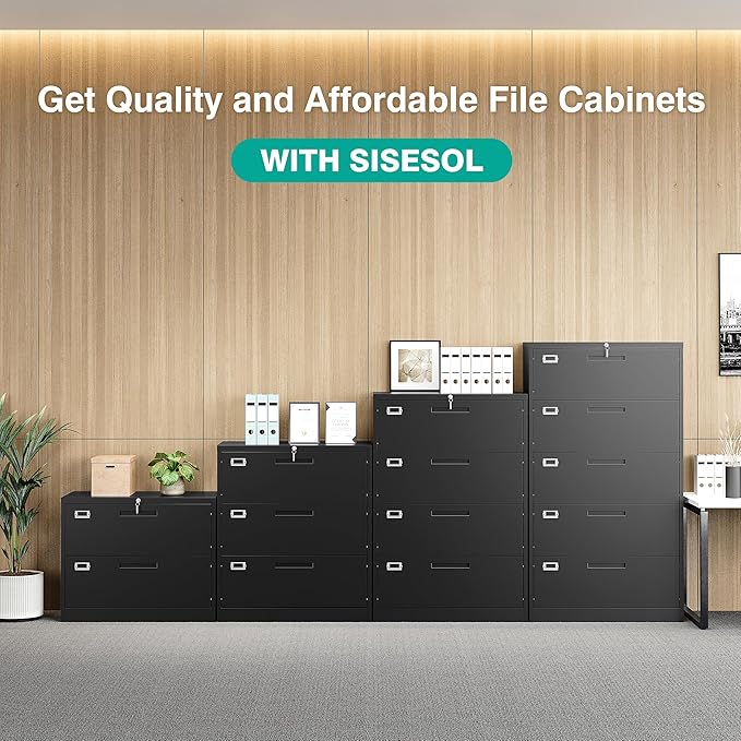 SISESOL 2 Drawer Lateral File Cabinet with Lock,Black Lateral Filing Cabinet,Horizontal Metal Filing Cabinet,Locked Wide Two Drawer File Cabinet for Office Home,Fit A4/F4/Letter/Legal File