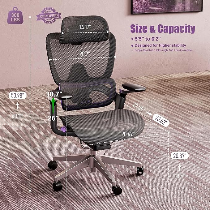 Ergonomic Office Chair, Mesh Home Office Desk Chair with Adjustable Lumbar Support, Big and Tall Gaming Chair with 4D Headrest, 5D Armrest,90-130°Tilt, BIFMA Certified, Model Zen (Purple)