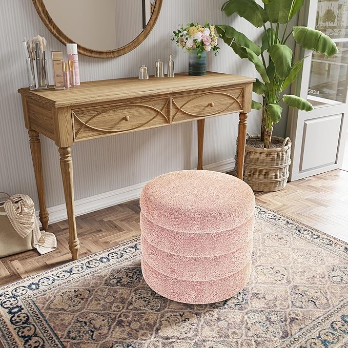 Storage Ottoman, Round Ottoman with Storage, Vanity Stool Foot Rest with Removable Lid, Round Boucle Upholstered for Living Room Pouf Footstool (Pink)