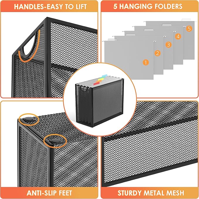 Sinboun Hanging File Organizer Letter-Size File Holder Filing Box Includes 5 Hanging Folders - Metal Mesh Magazine Letter Storage Cabinets File Cart for Office Home School, No Assembly Required